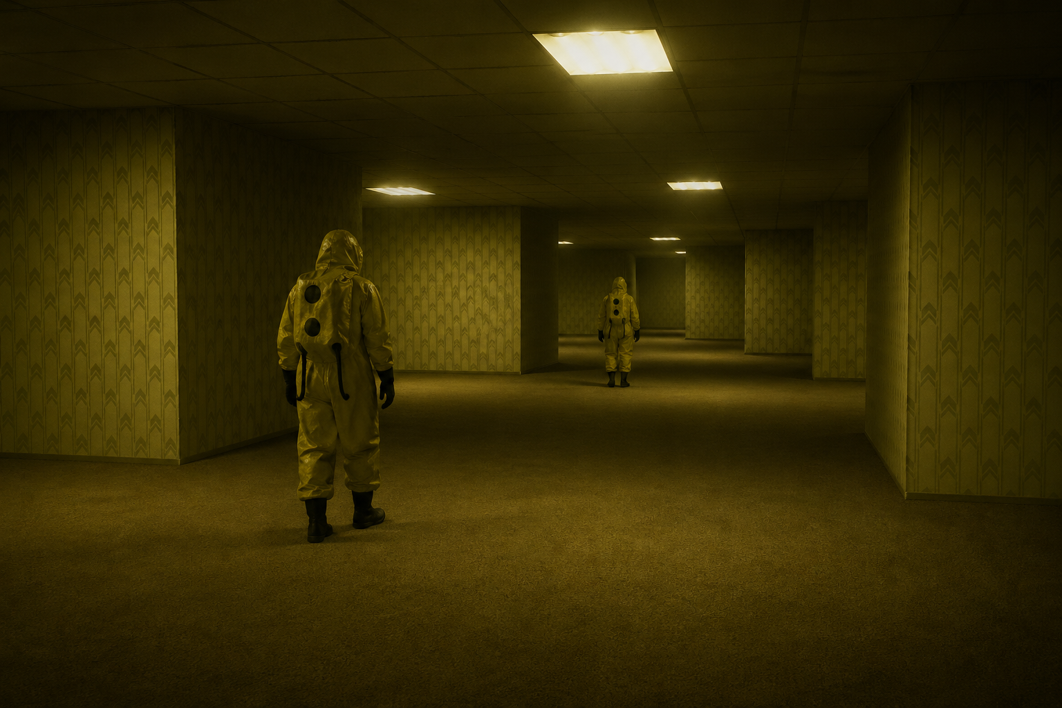 Sala com chãos e paredes amarelas, com duas pessoas usando trajes amarelos parecidos com os de proteção a radiação